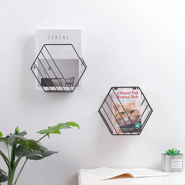 Decorative Colorful Wall Shelves Modern Hexagon Metal Hanging Mounted Book Wall Shelf